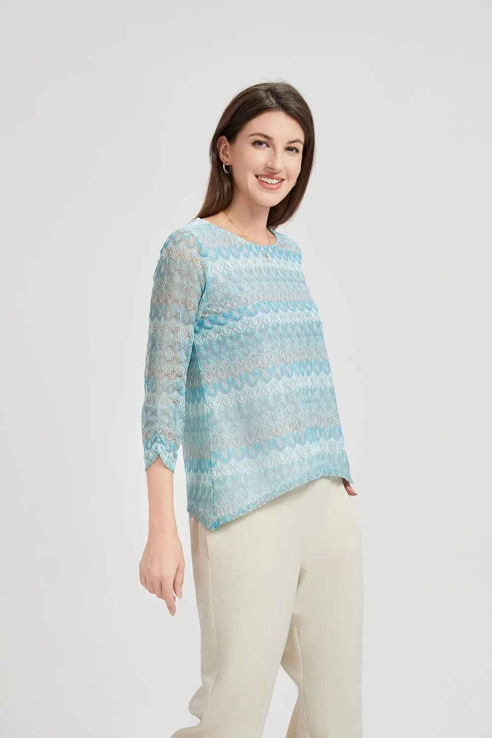 KYAL Women's Bohemian 3/4 Sleeve Tunic Top Round Neck Smocked Sleeve Summer T-Shirts Stretchy Tops