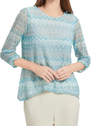 KYAL Women's Bohemian 3/4 Sleeve Tunic Top Round Neck Smocked Sleeve Summer T-Shirts Stretchy Tops