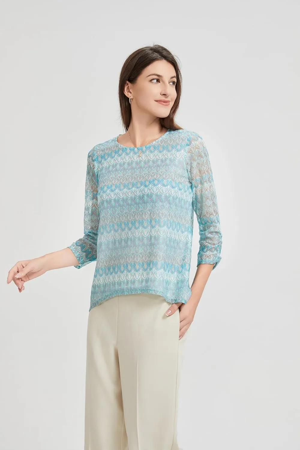 KYAL Women's Bohemian 3/4 Sleeve Tunic Top Round Neck Smocked Sleeve Summer T-Shirts Stretchy Tops