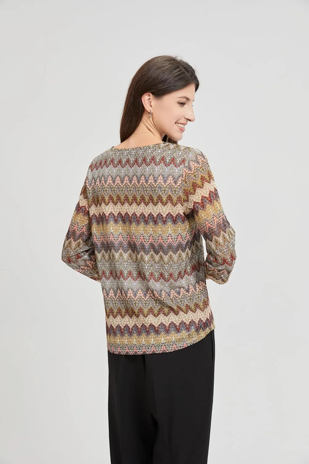 KYAL Women's Bohemian 3/4 Sleeve Tunic Top Round Neck Smocked Sleeve Summer T-Shirts Stretchy Tops