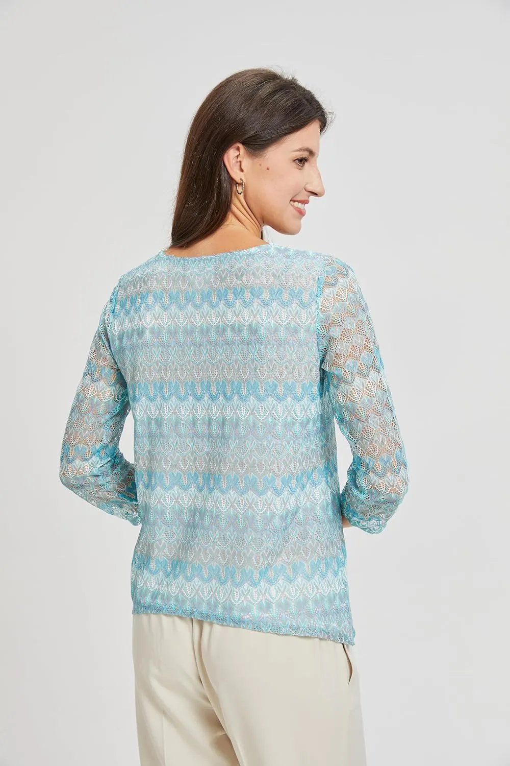 KYAL Women's Bohemian 3/4 Sleeve Tunic Top Round Neck Smocked Sleeve Summer T-Shirts Stretchy Tops
