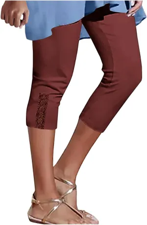 Lace Cropped Trousers for Women 3/4 Length Pants Ladies High Waist Cropped Leggings Lounge Yoga Pants Beach Trousers