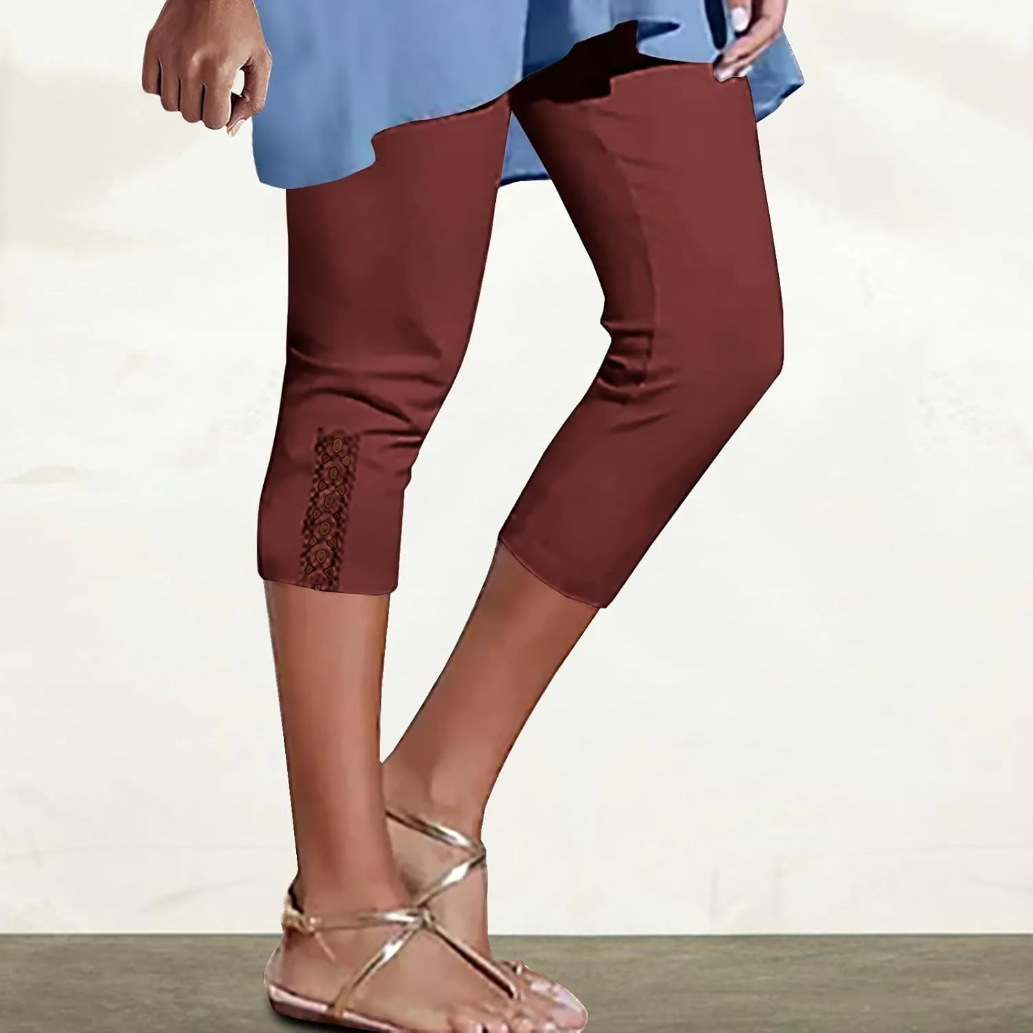 Lace Cropped Trousers for Women 3/4 Length Pants Ladies High Waist Cropped Leggings Lounge Yoga Pants Beach Trousers