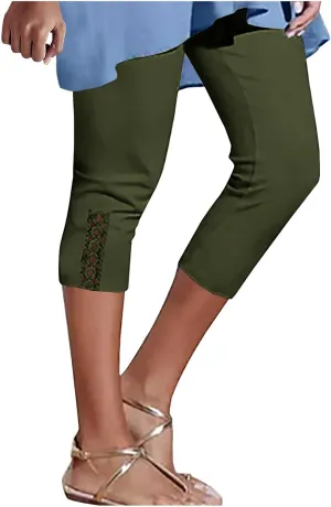 Lace Cropped Trousers for Women 3/4 Length Pants Ladies High Waist Cropped Leggings Lounge Yoga Pants Beach Trousers