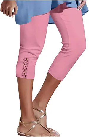 Lace Cropped Trousers for Women 3/4 Length Pants Ladies High Waist Cropped Leggings Lounge Yoga Pants Beach Trousers
