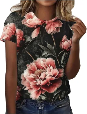 Ladies' Floral Printed Crewneck T-Shirt - 2025 Summer Boho Top with Short Sleeves & Casual Style
