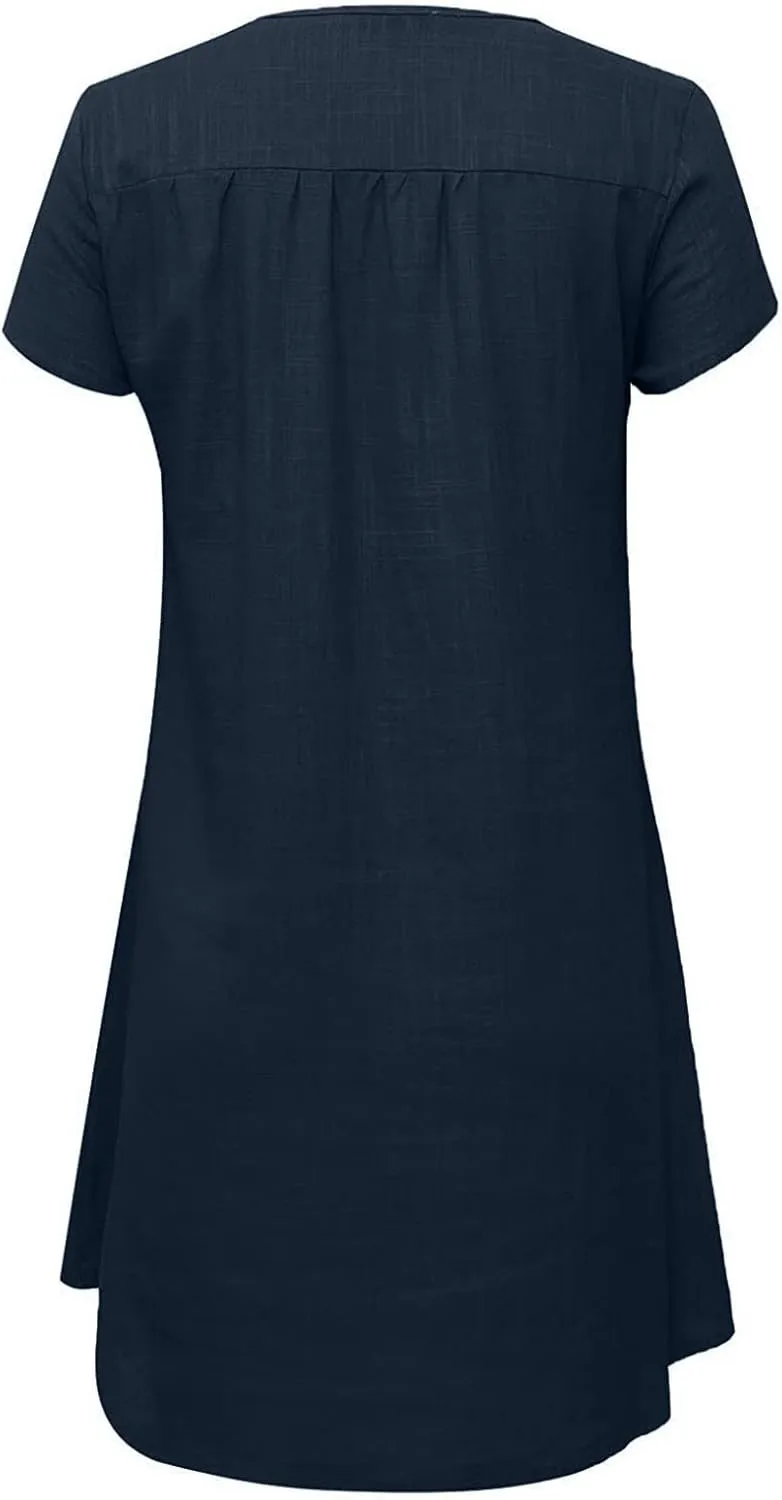 Ladies Solid Cotton Linen Casual Dress Loose Linen Mini Dress for Women Summer Dresses Pockets Comfy Beach Dresses 2023