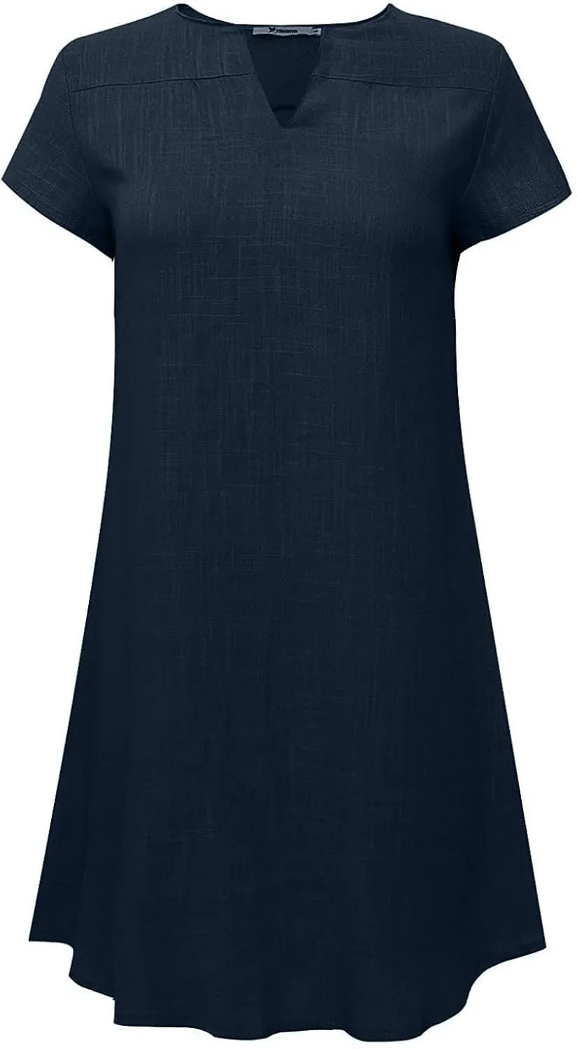 Ladies Solid Cotton Linen Casual Dress Loose Linen Mini Dress for Women Summer Dresses Pockets Comfy Beach Dresses 2023