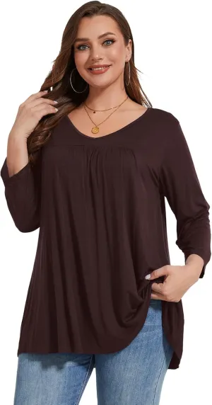 LARACE Women's 3/4 Sleeve Shirts Plus Size Tunic Tops Loose V-Neck Pleated T-Shirts for Leggings
