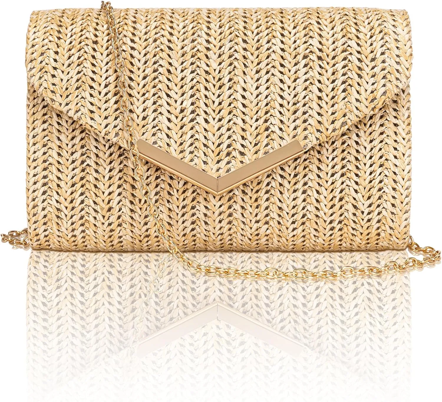 Larcenciel Straw Purse for Women, Summer Woven Beach Purse Trendy with Chain Strap, Boho Envelope Evening Clutch Handbag, Brown Crossbody Shoulder Party Bag for Wedding, Prom, Cocktail Night, Vacation
