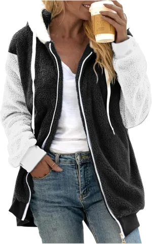 LCMTWX Fleece Jacket Women Loose Solid Color Artificial Wool Zipper Drawstring Long-Sleeved Hoodie Oversized Fluffy Winter