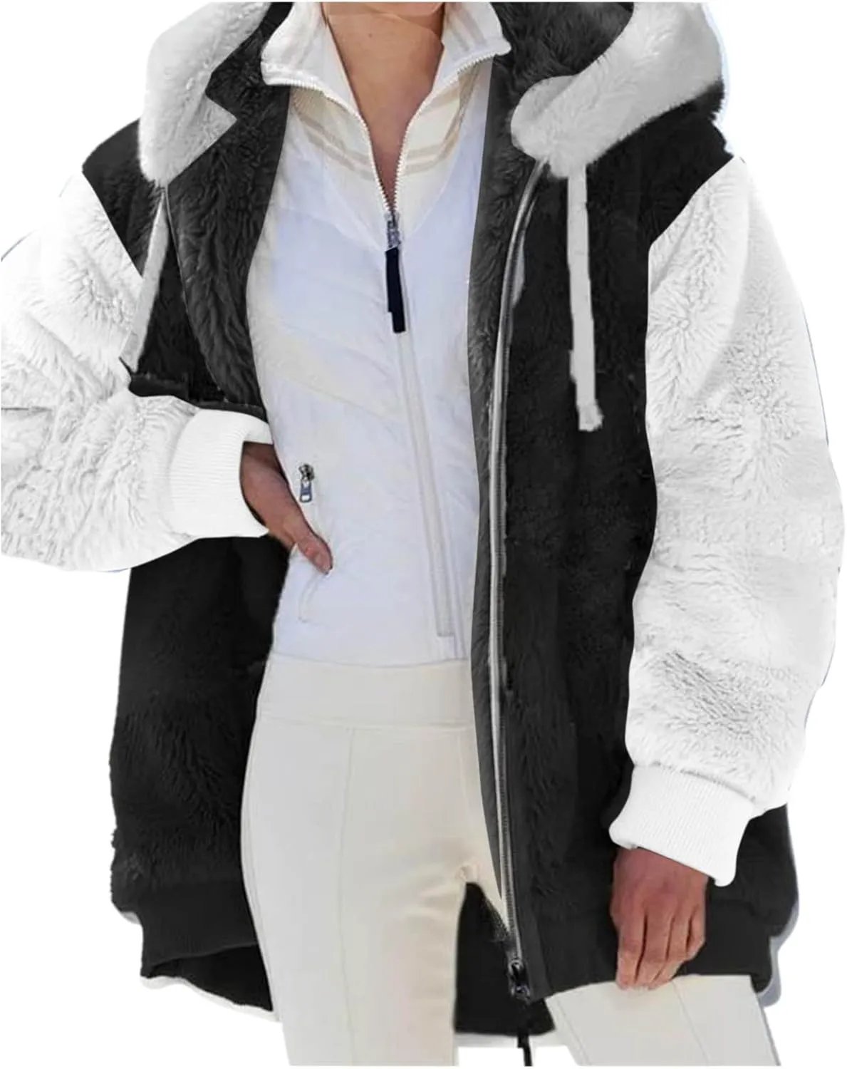 LCMTWX Fleece Jacket Women Loose Solid Color Artificial Wool Zipper Drawstring Long-Sleeved Hoodie Oversized Fluffy Winter
