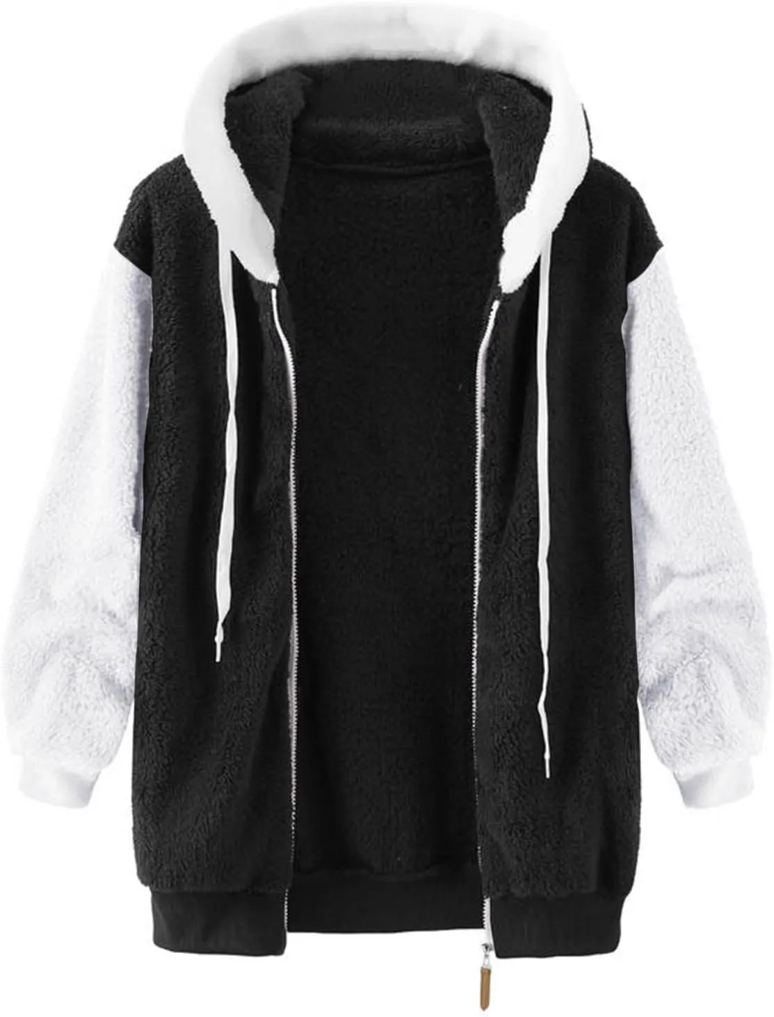 LCMTWX Fleece Jacket Women Loose Solid Color Artificial Wool Zipper Drawstring Long-Sleeved Hoodie Oversized Fluffy Winter