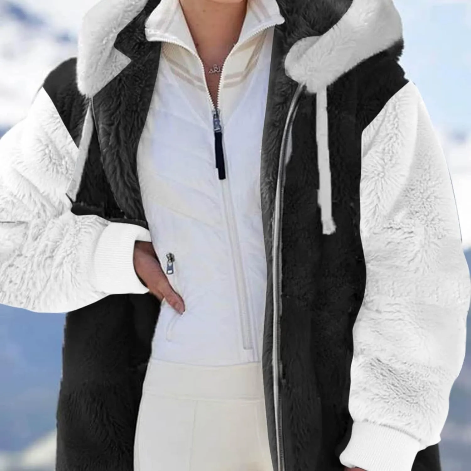 LCMTWX Fleece Jacket Women Loose Solid Color Artificial Wool Zipper Drawstring Long-Sleeved Hoodie Oversized Fluffy Winter