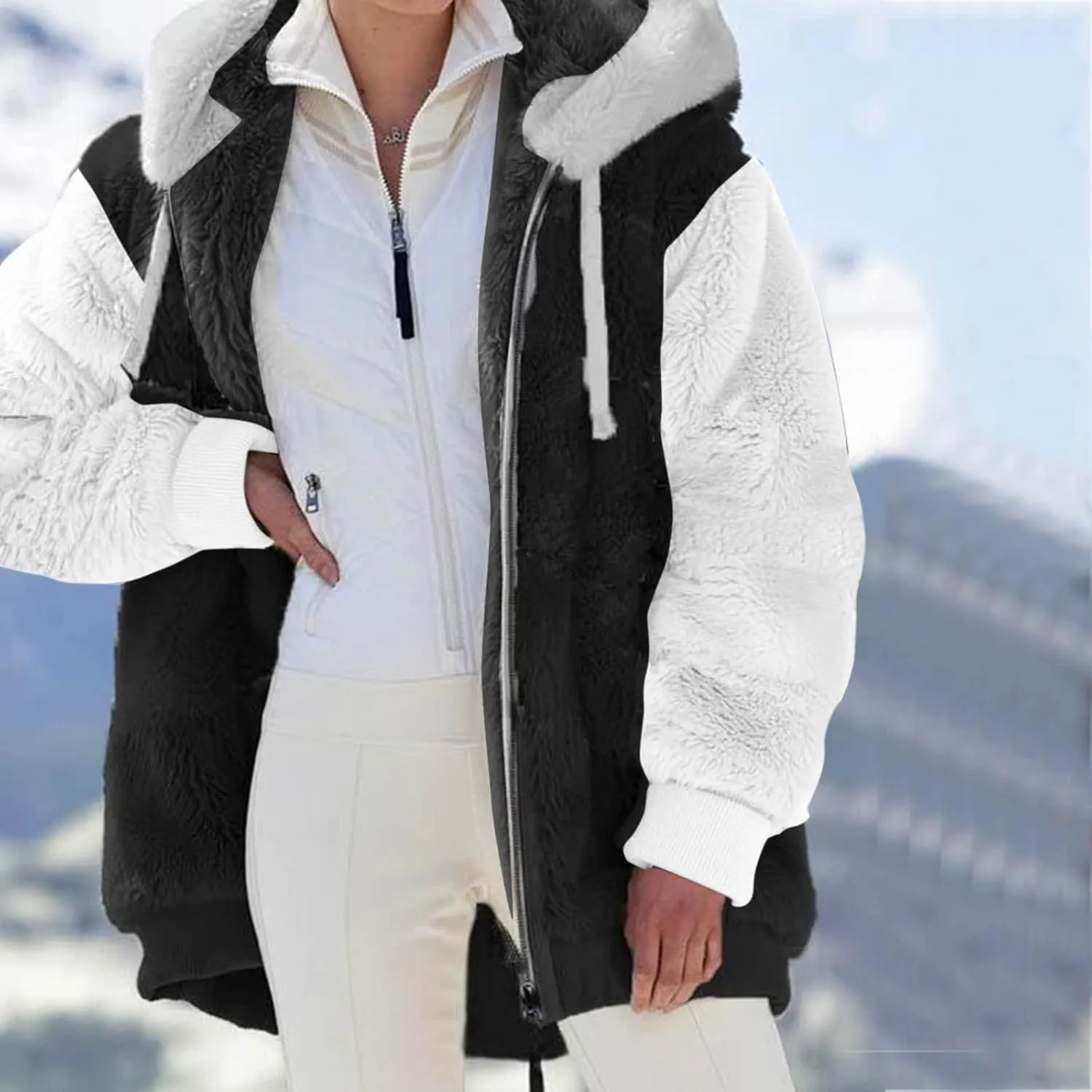 LCMTWX Fleece Jacket Women Loose Solid Color Artificial Wool Zipper Drawstring Long-Sleeved Hoodie Oversized Fluffy Winter