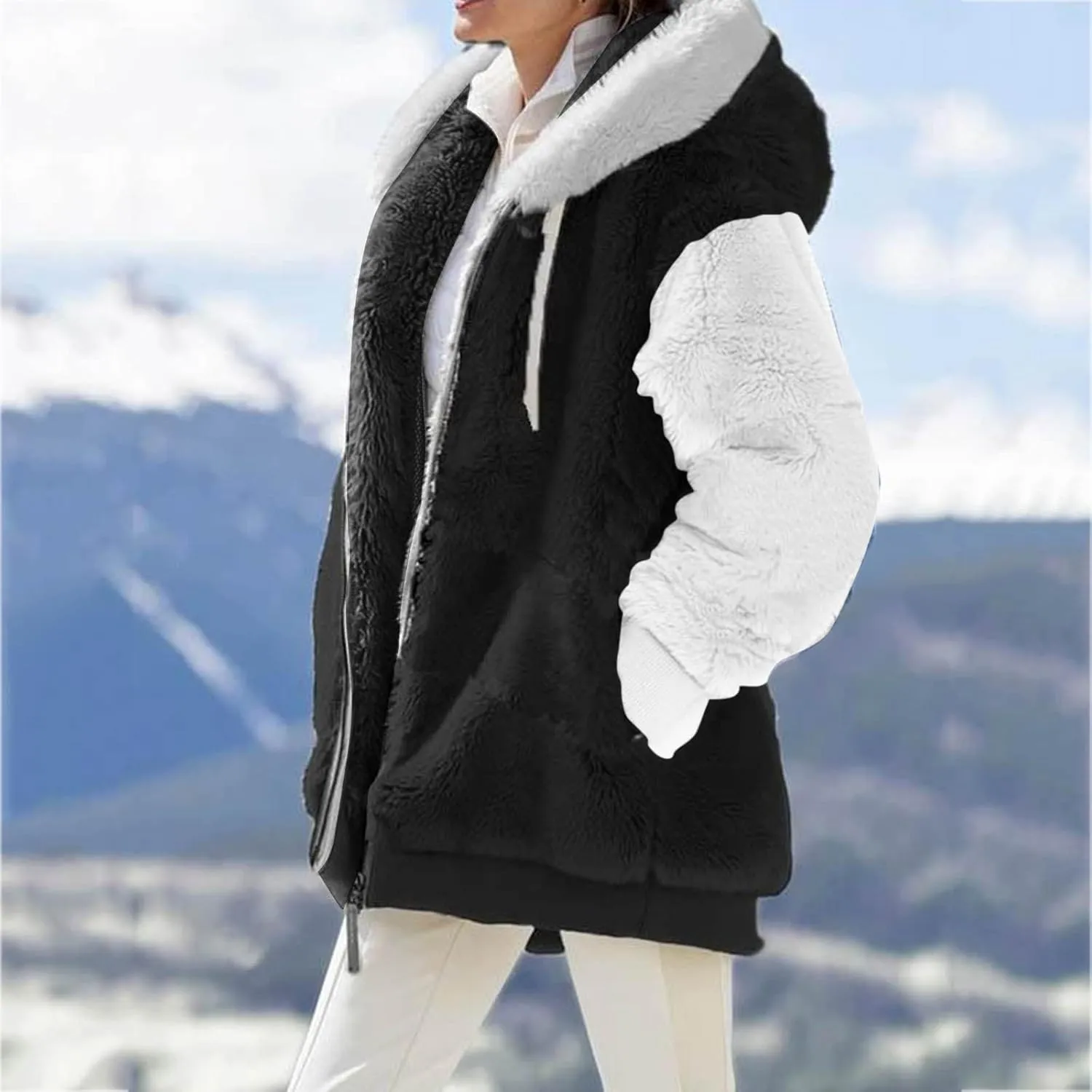 LCMTWX Fleece Jacket Women Loose Solid Color Artificial Wool Zipper Drawstring Long-Sleeved Hoodie Oversized Fluffy Winter