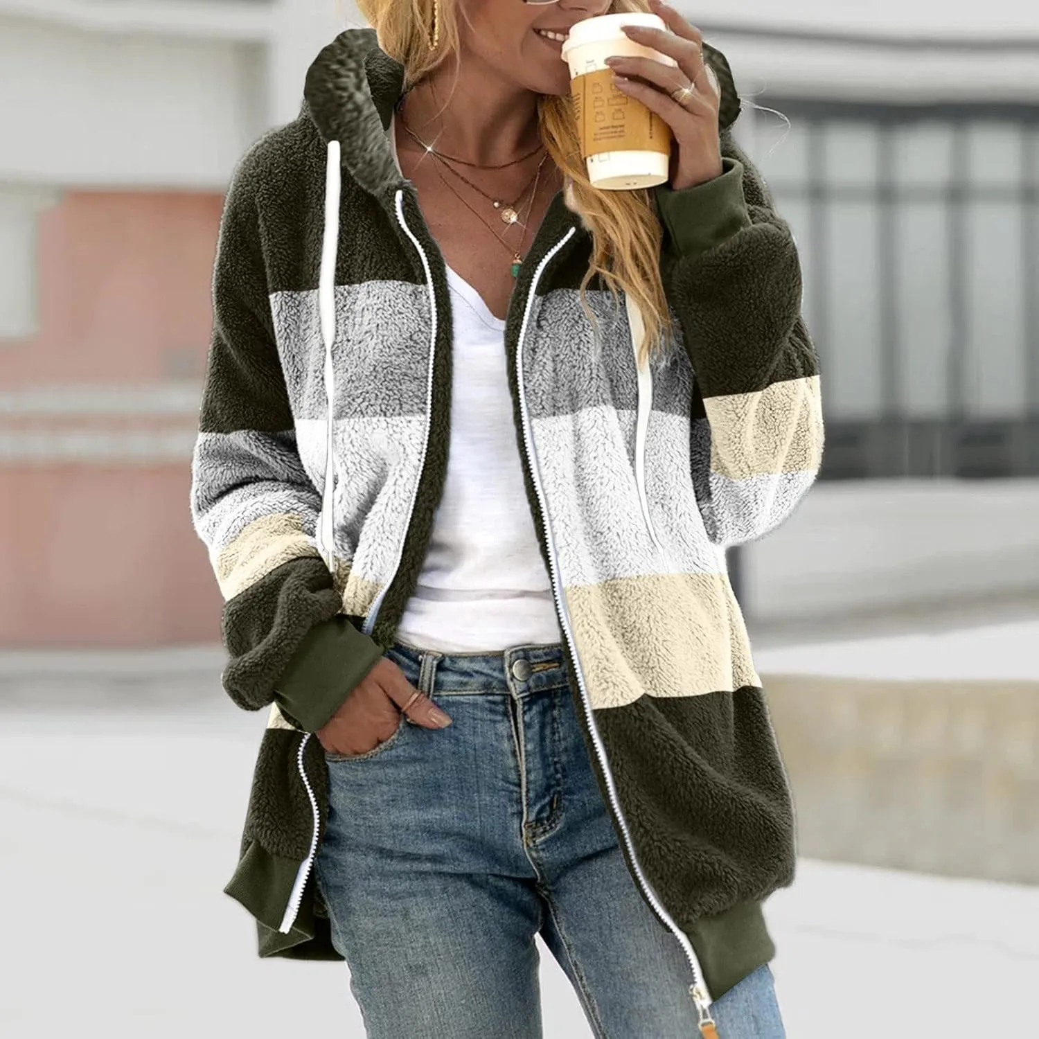 LCMTWX Womens 2023 Winter Fuzzy Fleece Jacket Artificial Wool Zipper Drawstring Solid Oversized Fuzzy Fleece Fluffy Fall
