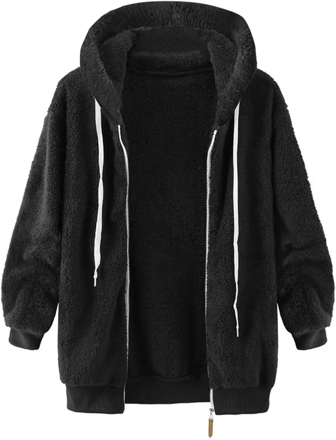 LCMTWX Womens Winter Fuzzy Fleece Jacket Color Artificial Wool Zipper Drawstring Long-Sleeved Hoodie Sweater Coat Hooded