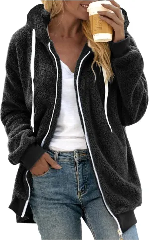 LCMTWX Womens Winter Fuzzy Fleece Jacket Color Artificial Wool Zipper Drawstring Long-Sleeved Hoodie Sweater Coat Hooded