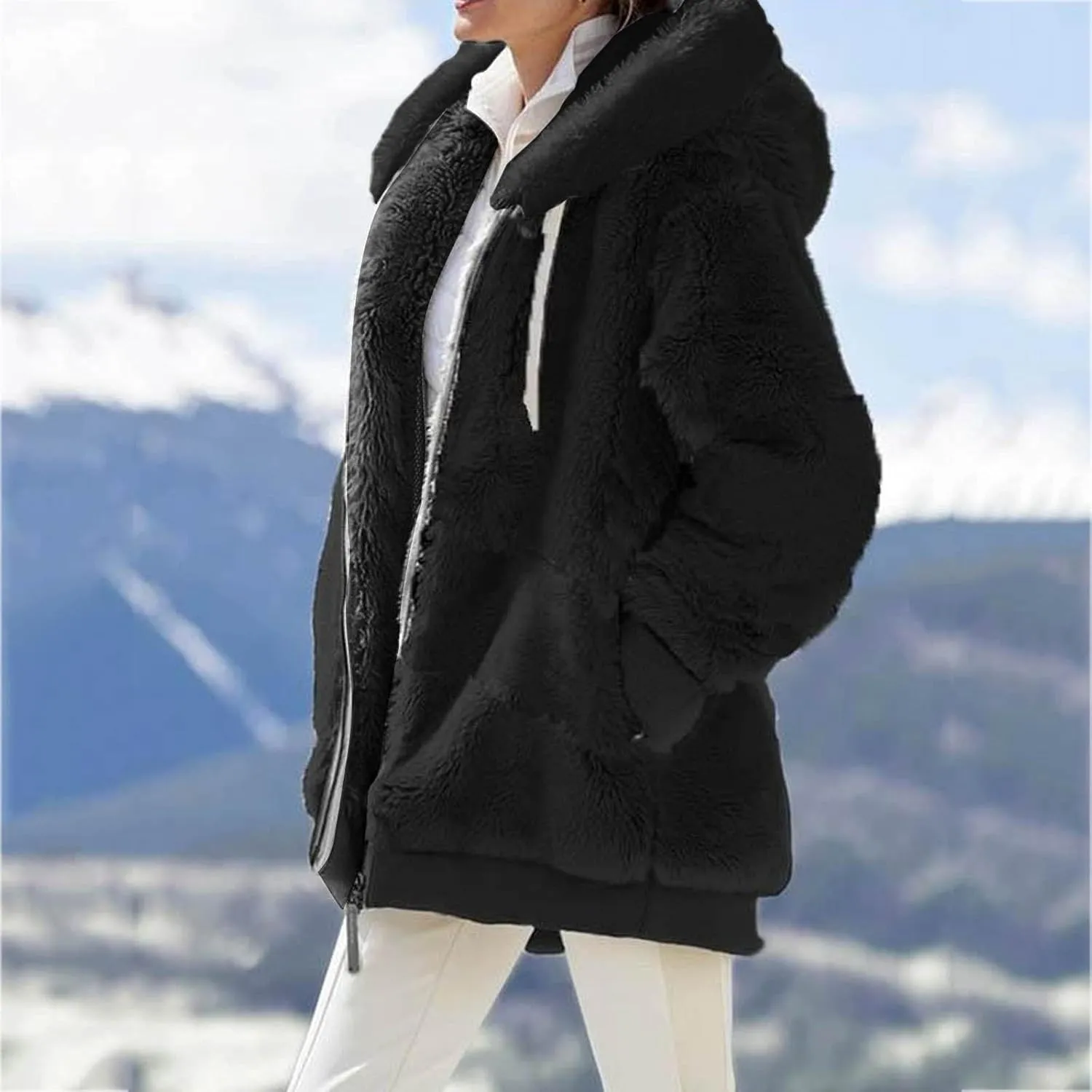 LCMTWX Womens Winter Fuzzy Fleece Jacket Color Artificial Wool Zipper Drawstring Long-Sleeved Hoodie Sweater Coat Hooded