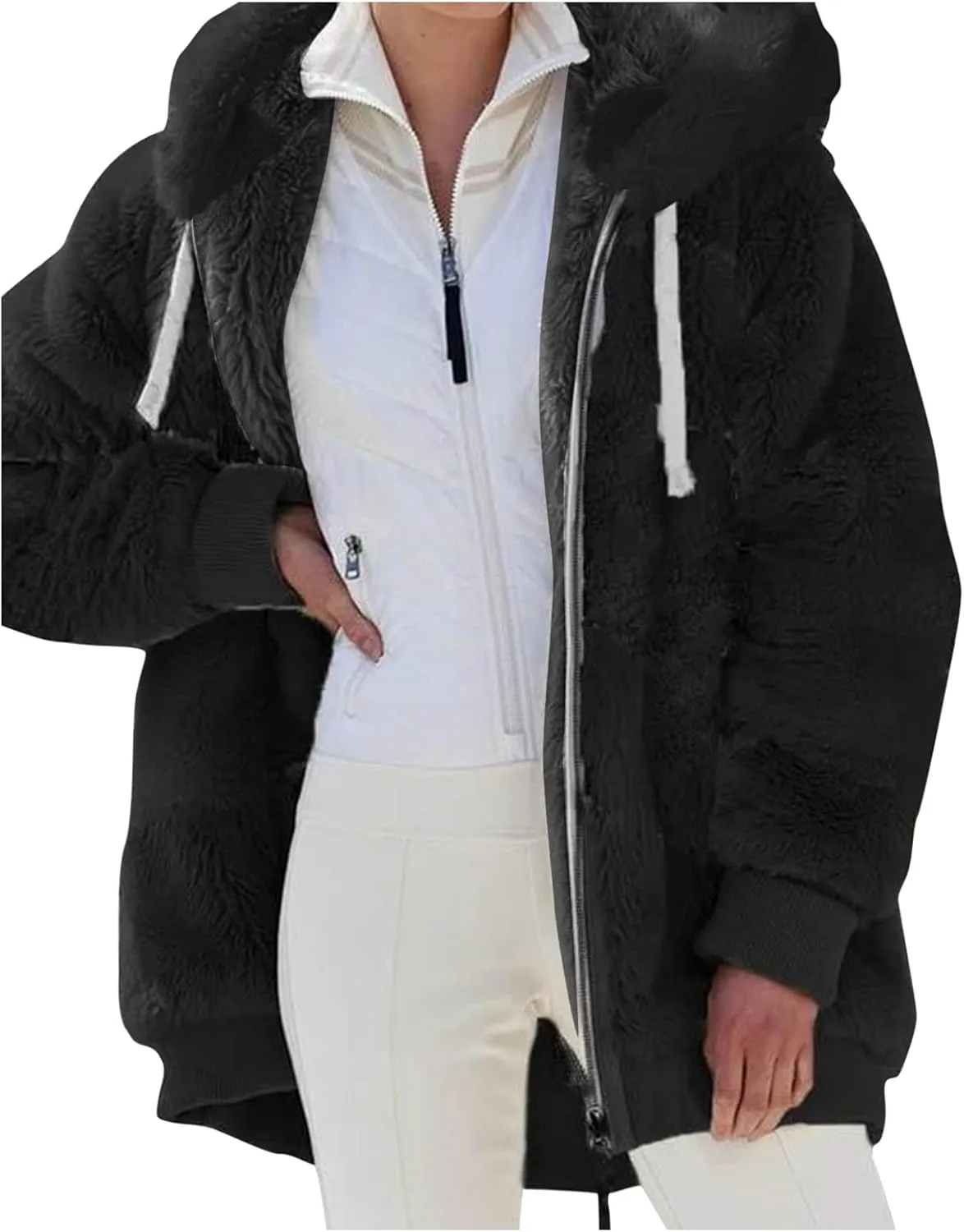 LCMTWX Womens Winter Fuzzy Fleece Jacket Color Artificial Wool Zipper Drawstring Long-Sleeved Hoodie Sweater Coat Hooded