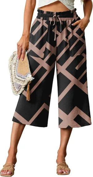Lepunuo Women's Wide Leg Capri Pants High Waisted Palazzo Pants Adjustable Casual Tie Knot Pants with Pockets