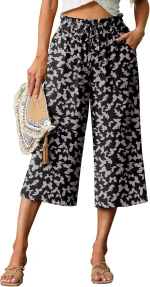 Lepunuo Women's Wide Leg Capri Pants High Waisted Palazzo Pants Adjustable Casual Tie Knot Pants with Pockets