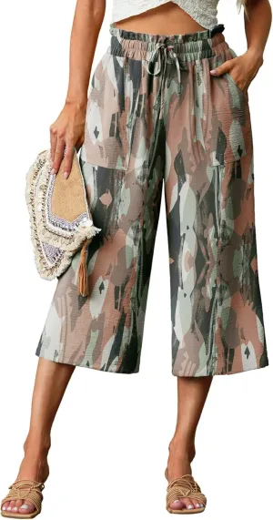Lepunuo Women's Wide Leg Capri Pants High Waisted Palazzo Pants Adjustable Casual Tie Knot Pants with Pockets