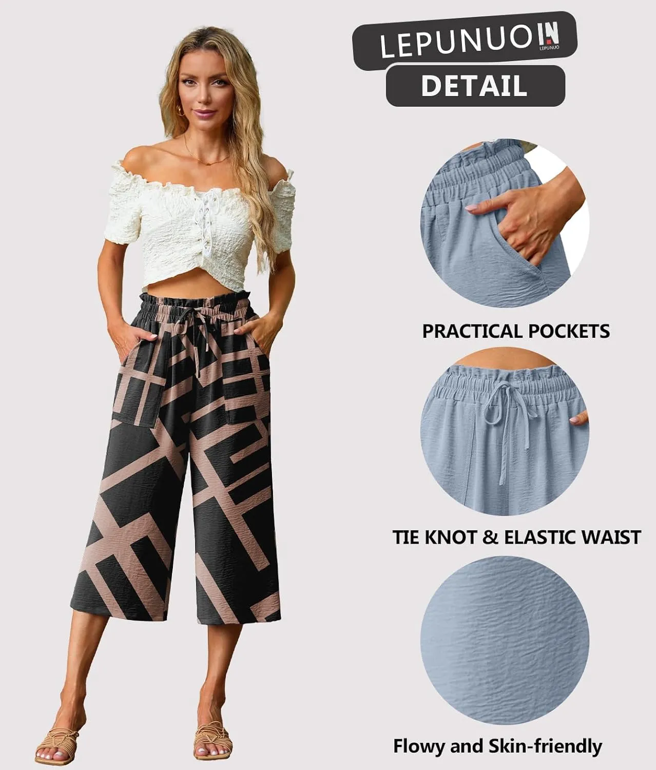 Lepunuo Women's Wide Leg Capri Pants High Waisted Palazzo Pants Adjustable Casual Tie Knot Pants with Pockets