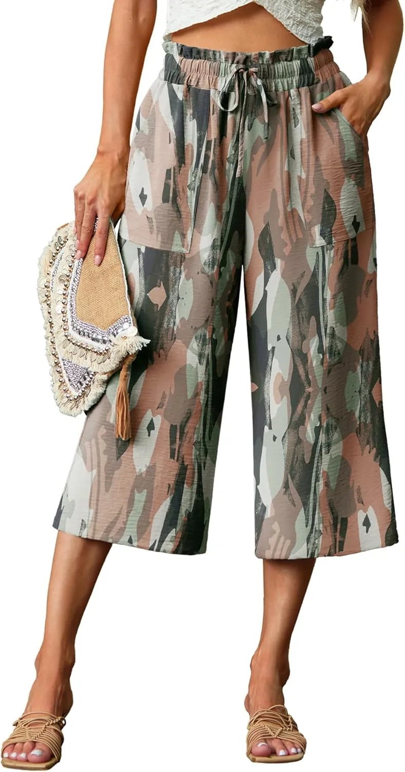 Lepunuo Women's Wide Leg Capri Pants High Waisted Palazzo Pants Adjustable Casual Tie Knot Pants with Pockets