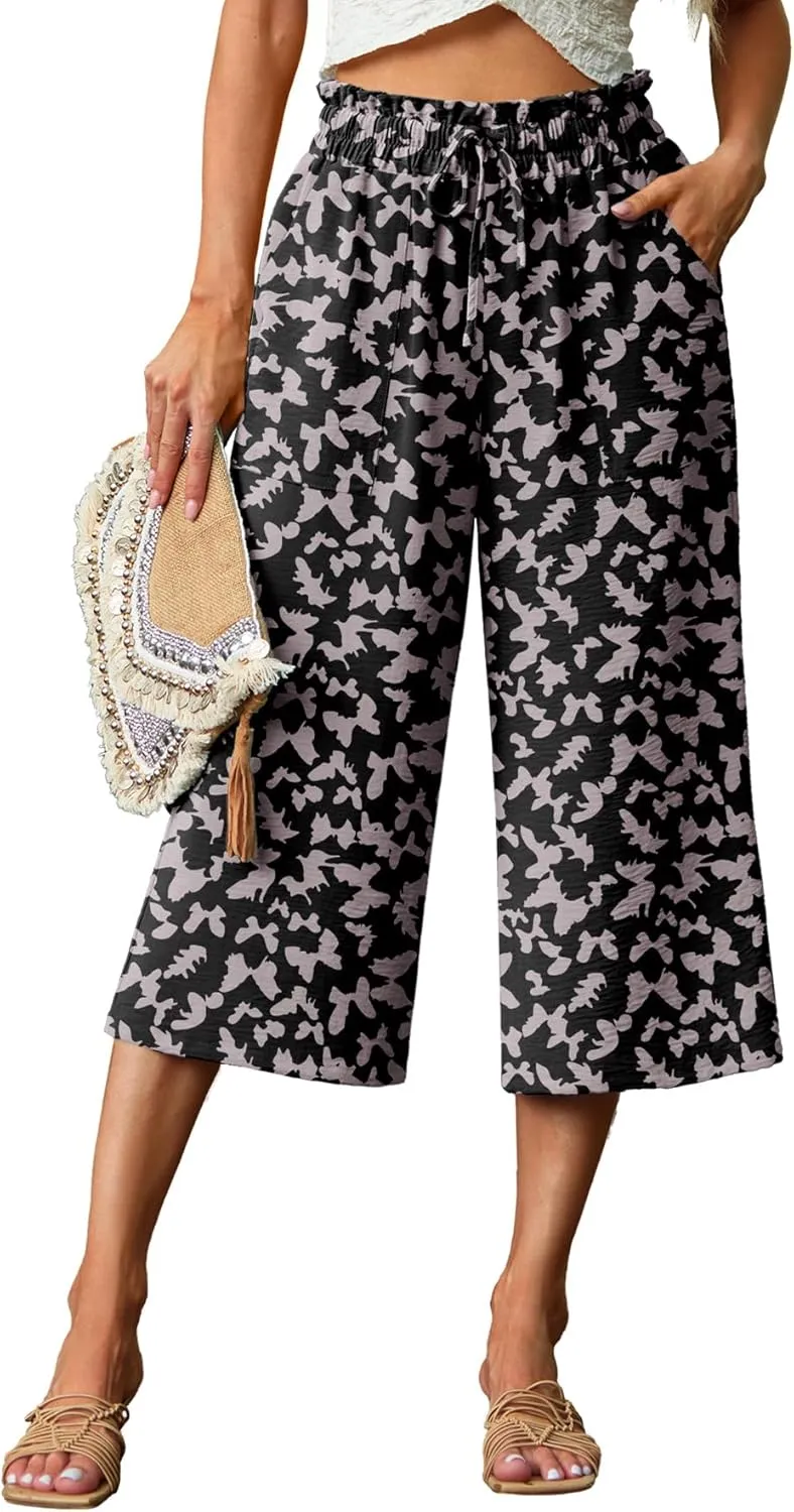 Lepunuo Women's Wide Leg Capri Pants High Waisted Palazzo Pants Adjustable Casual Tie Knot Pants with Pockets