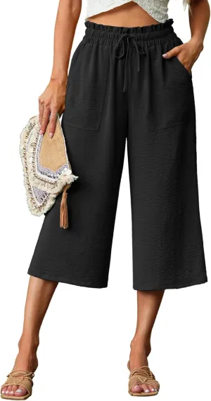 Lepunuo Women's Wide Leg Capri Pants High Waisted Palazzo Pants Adjustable Casual Tie Knot Pants with Pockets