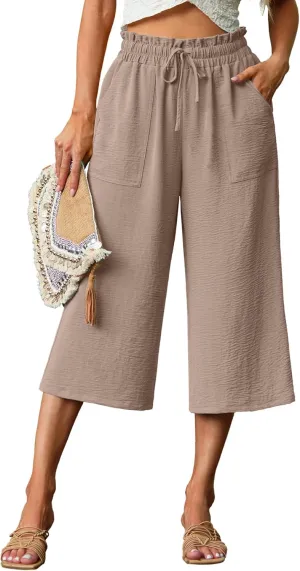 Lepunuo Women's Wide Leg Capri Pants High Waisted Palazzo Pants Adjustable Casual Tie Knot Pants with Pockets