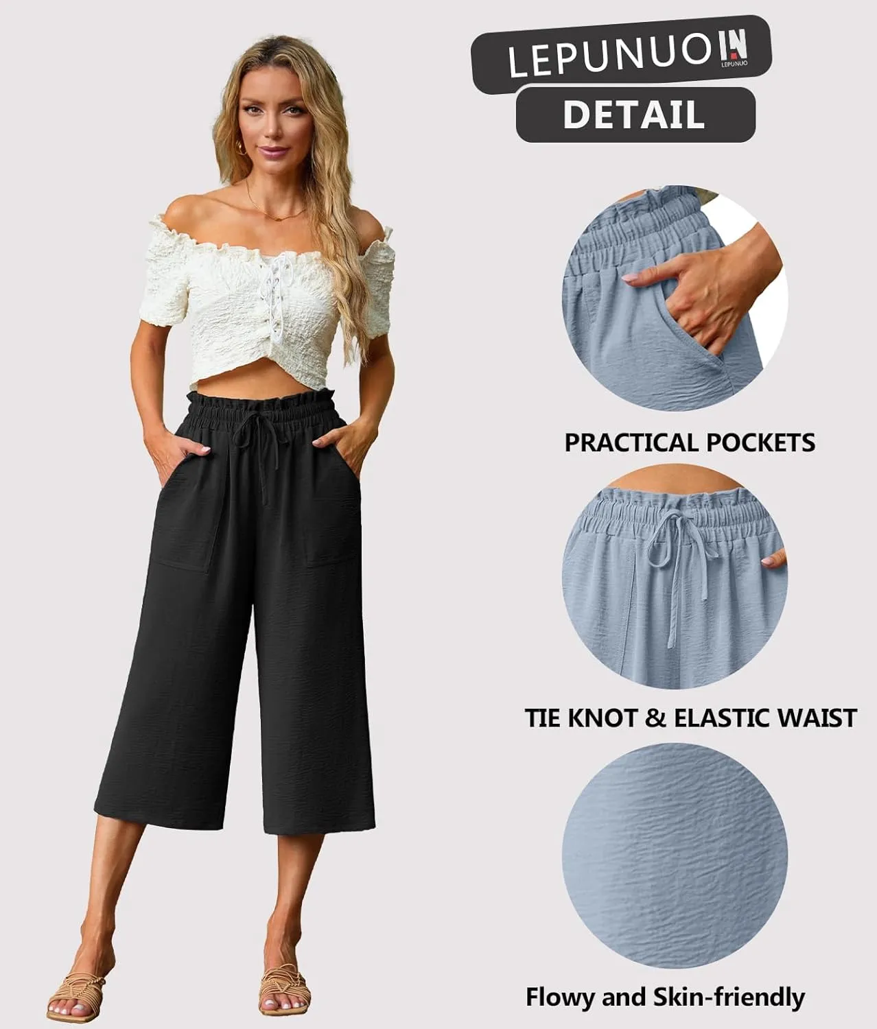 Lepunuo Women's Wide Leg Capri Pants High Waisted Palazzo Pants Adjustable Casual Tie Knot Pants with Pockets