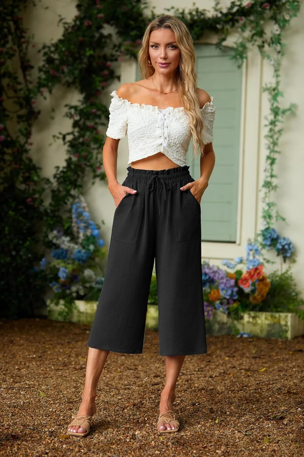 Lepunuo Women's Wide Leg Capri Pants High Waisted Palazzo Pants Adjustable Casual Tie Knot Pants with Pockets