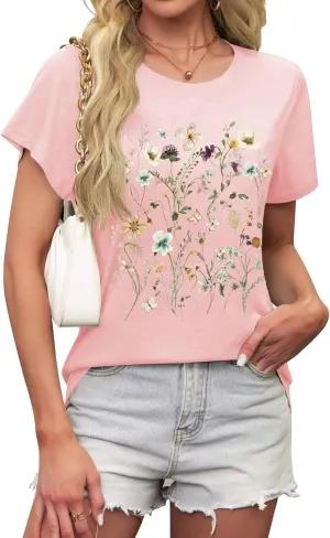 LETSEE Womens Graphic T Shirts Boho Wildflower Shirts Vintage Floral Printed Tees Short Sleeve Trendy Tops for 2025