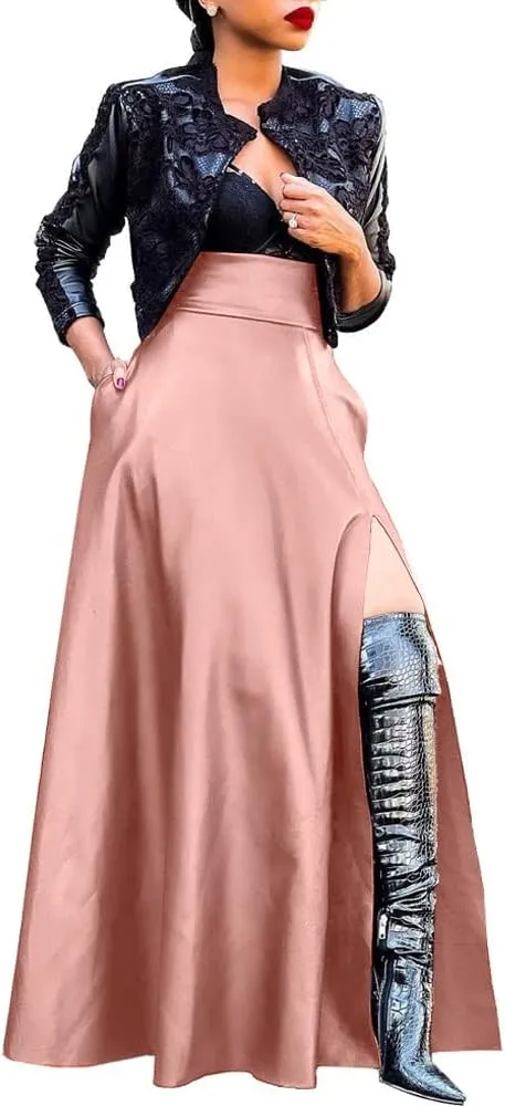 Lexiart Womens High Waisted Sexy Pu Leather Vintage High Split A-Line Swing Long Skirt with Pockets