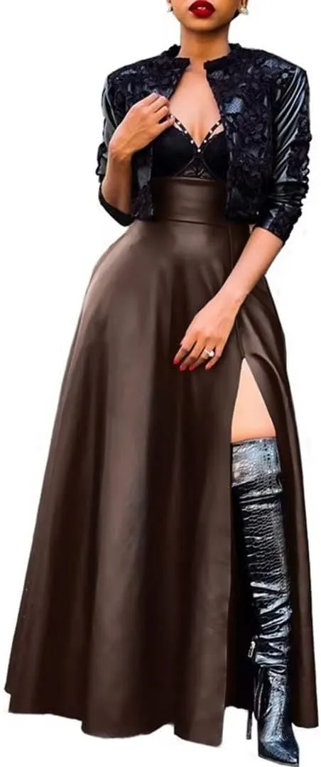 Lexiart Womens High Waisted Sexy Pu Leather Vintage High Split A-Line Swing Long Skirt with Pockets