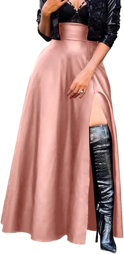 Lexiart Womens High Waisted Sexy Pu Leather Vintage High Split A-Line Swing Long Skirt with Pockets