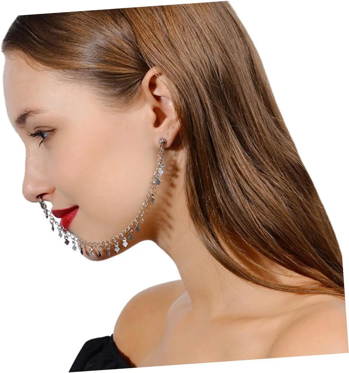 LIFKOME 2pcs Ear to Nose Chain Non-Piercing Nose Hoop Chain & Earrings Punk Jewelry Ear Ring Chain Sequin Tassel
