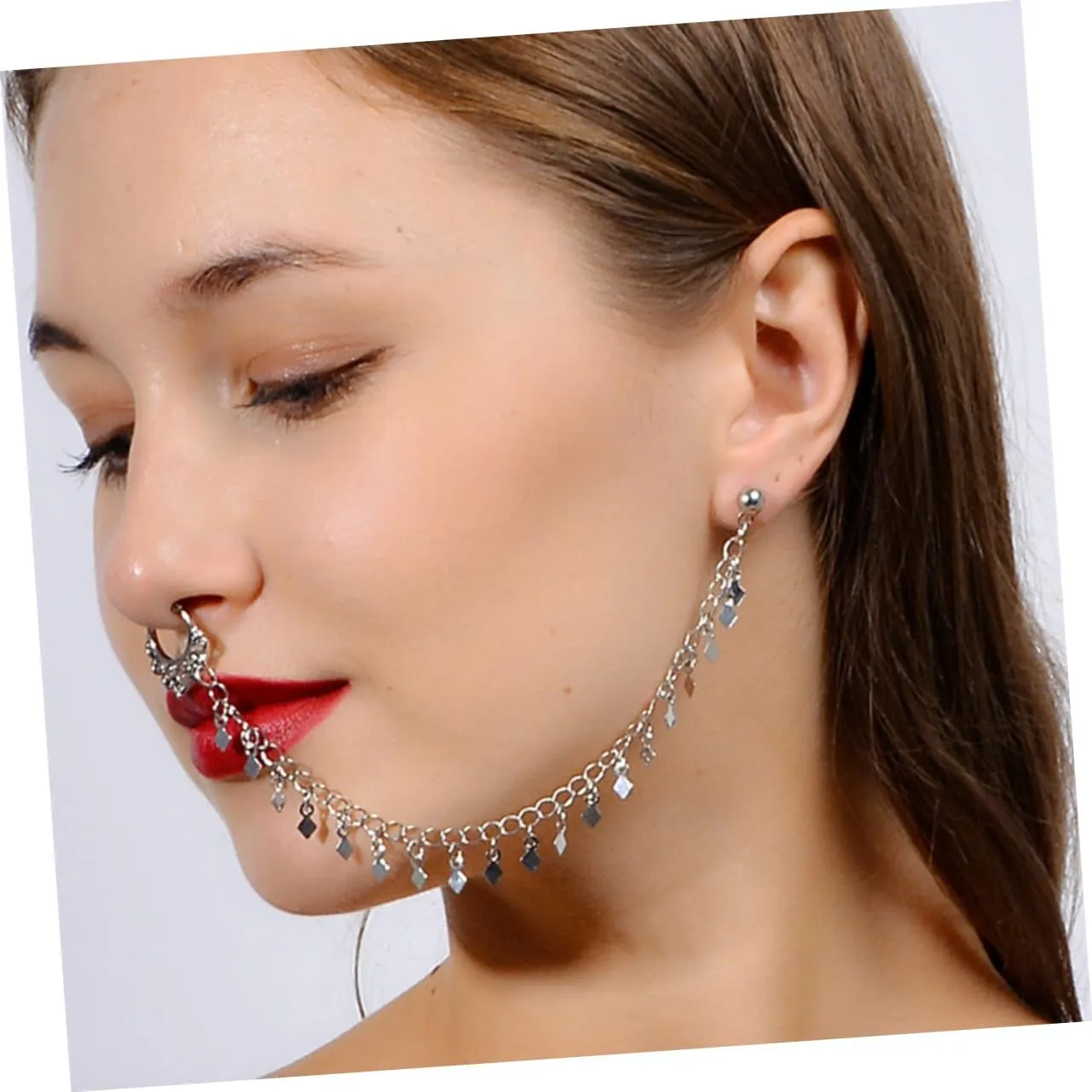 LIFKOME 2pcs Ear to Nose Chain Non-Piercing Nose Hoop Chain & Earrings Punk Jewelry Ear Ring Chain Sequin Tassel