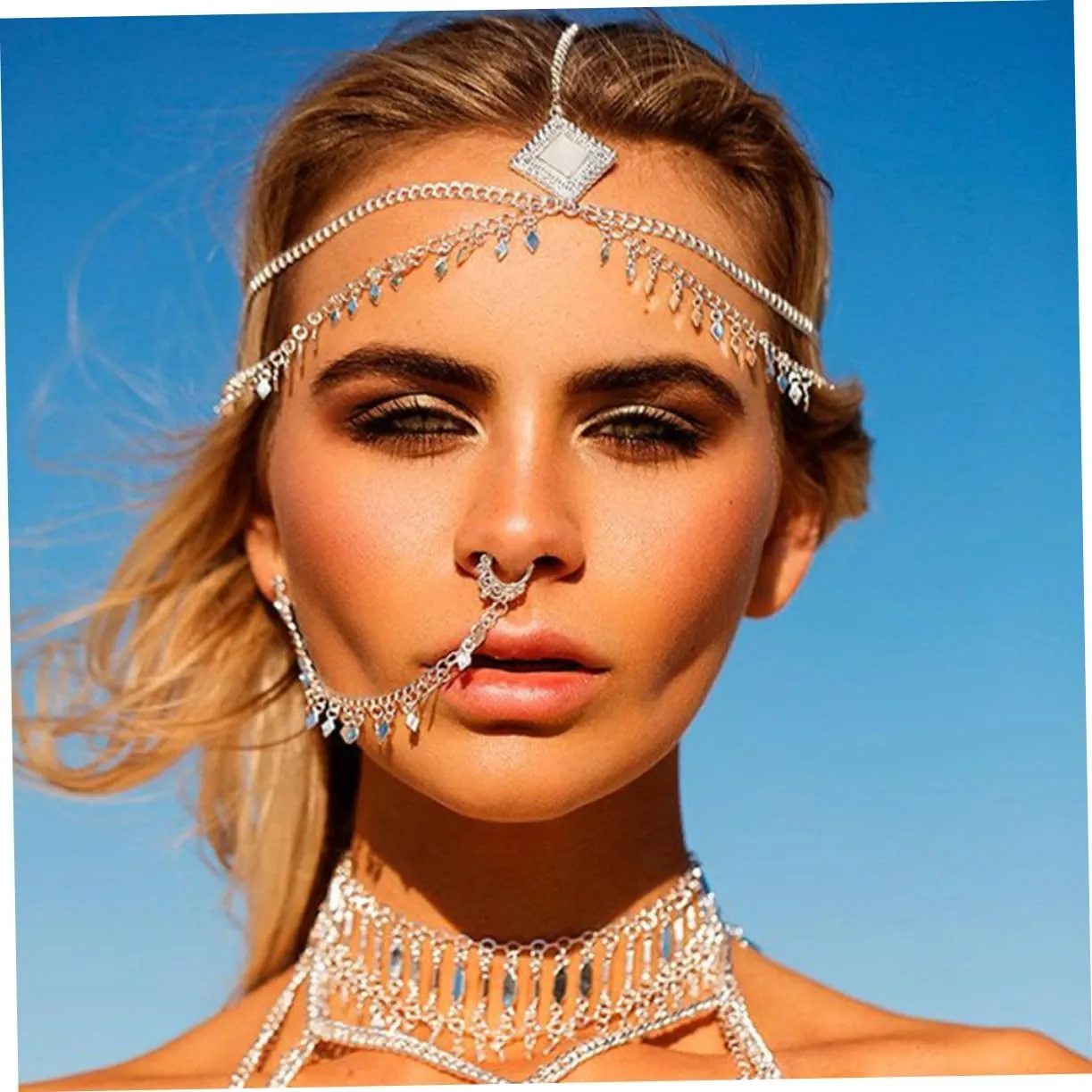 LIFKOME 2pcs Ear to Nose Chain Non-Piercing Nose Hoop Chain & Earrings Punk Jewelry Ear Ring Chain Sequin Tassel