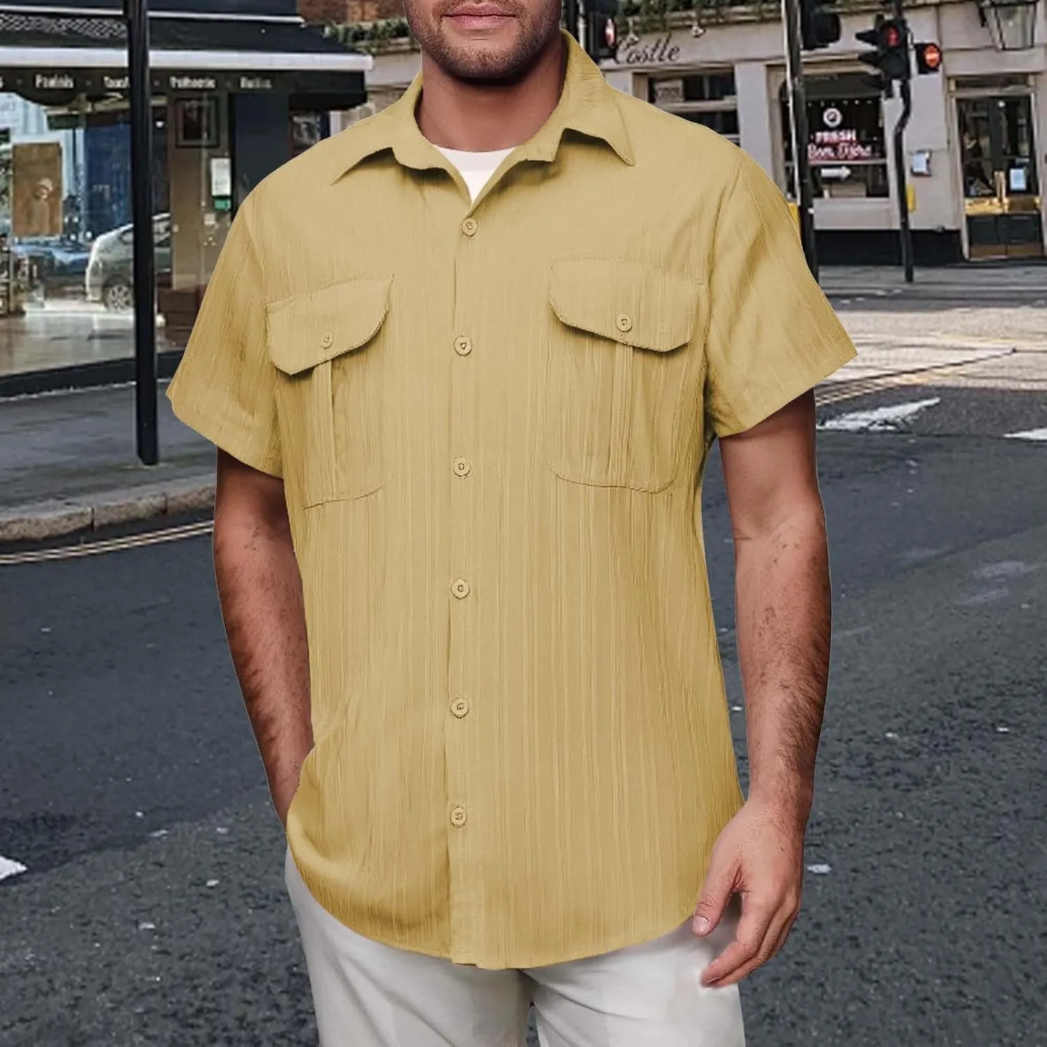 Linen Button Down Shirts for Men Casual Short Sleeve Loose Fit Hawaiian Shirt with Pockets Summer Trendy Beach Tops
