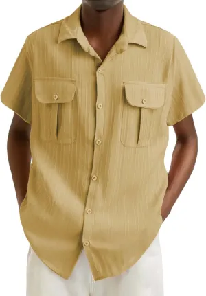Linen Button Down Shirts for Men Casual Short Sleeve Loose Fit Hawaiian Shirt with Pockets Summer Trendy Beach Tops