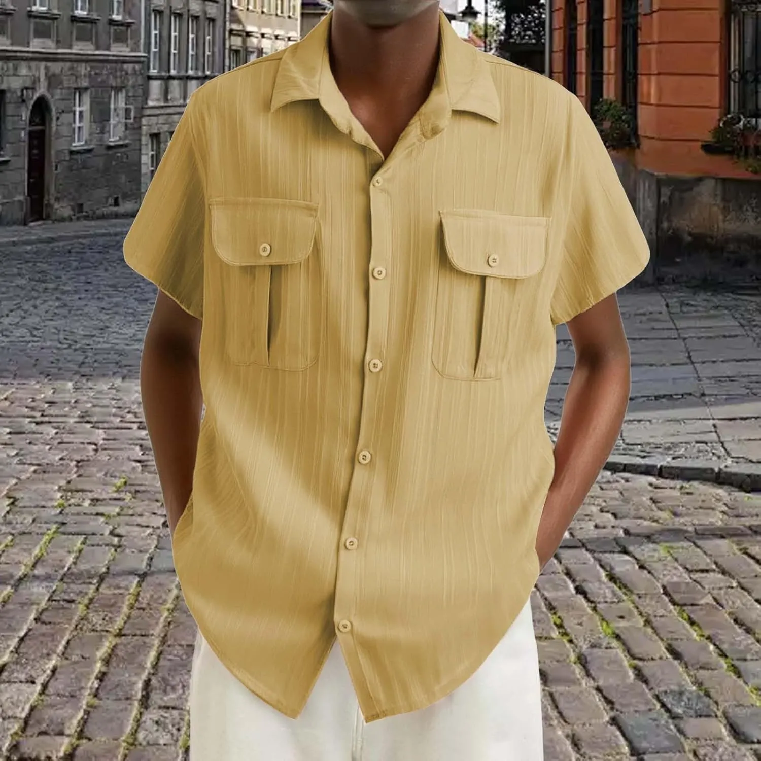 Linen Button Down Shirts for Men Casual Short Sleeve Loose Fit Hawaiian Shirt with Pockets Summer Trendy Beach Tops