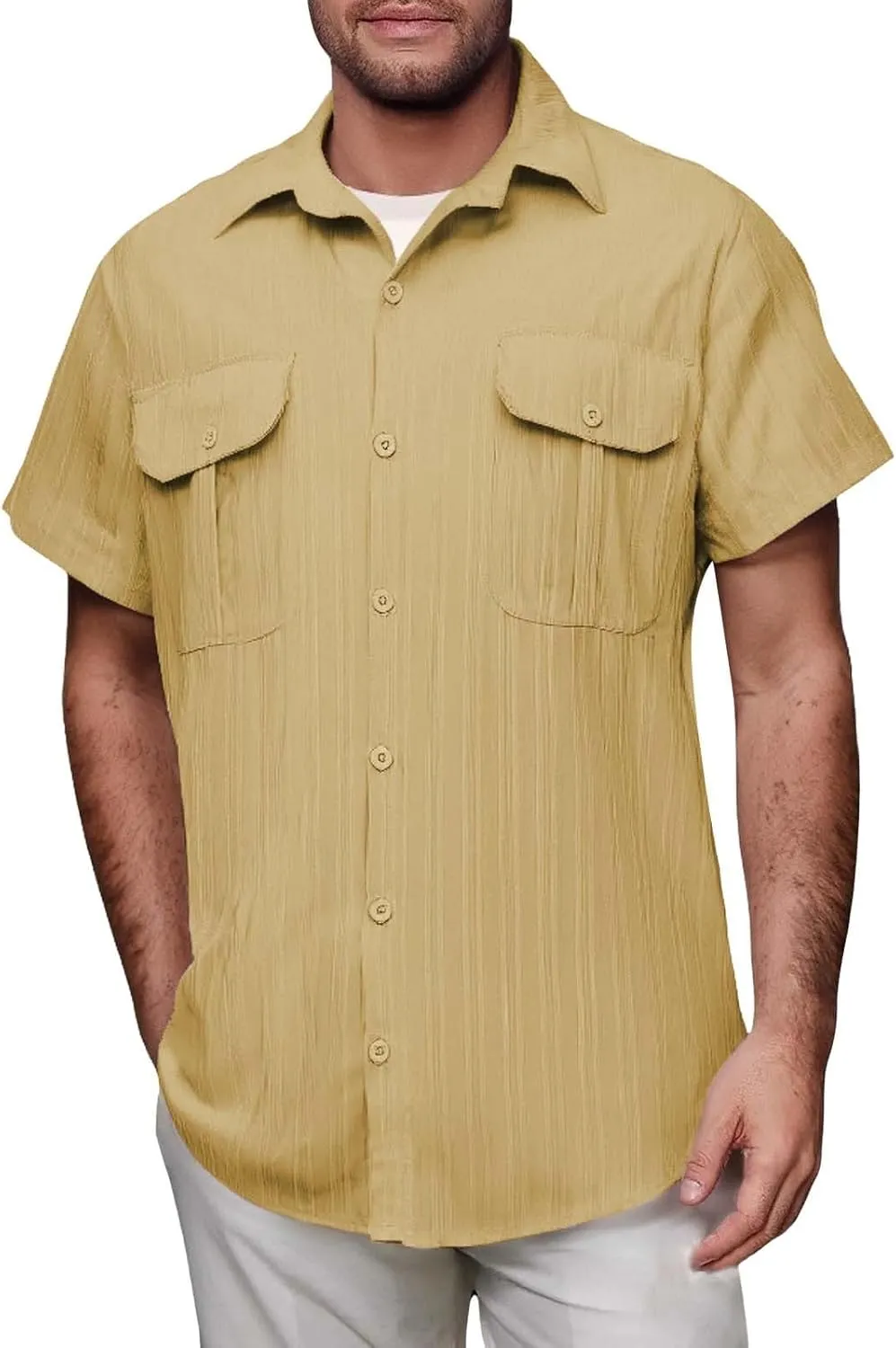 Linen Button Down Shirts for Men Casual Short Sleeve Loose Fit Hawaiian Shirt with Pockets Summer Trendy Beach Tops