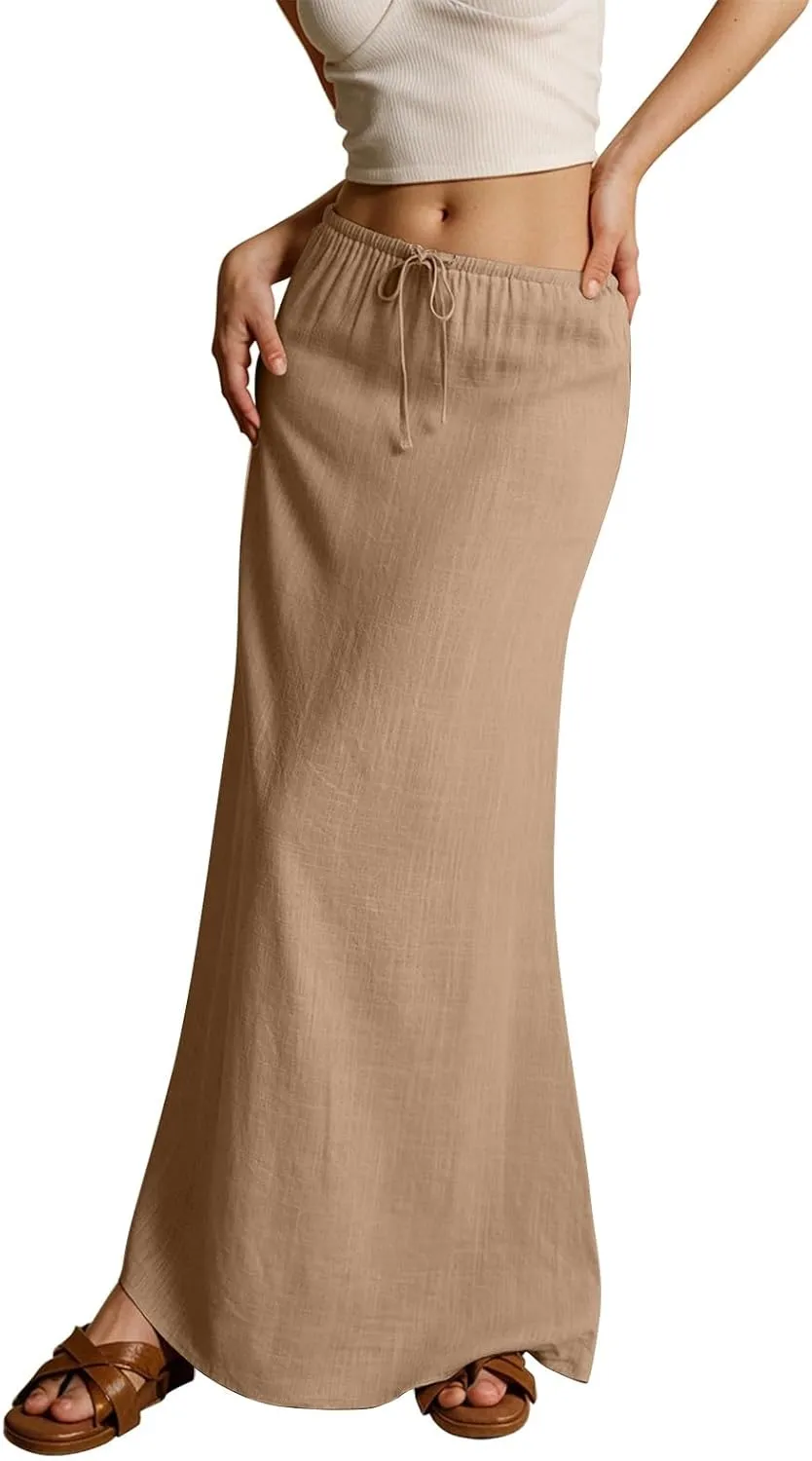 Linen Maxi Skirts for Women Summer 2025 Vacation Boho Skirt Comfy Drawstring Low Waist A Line Skirt Long Cover Ups