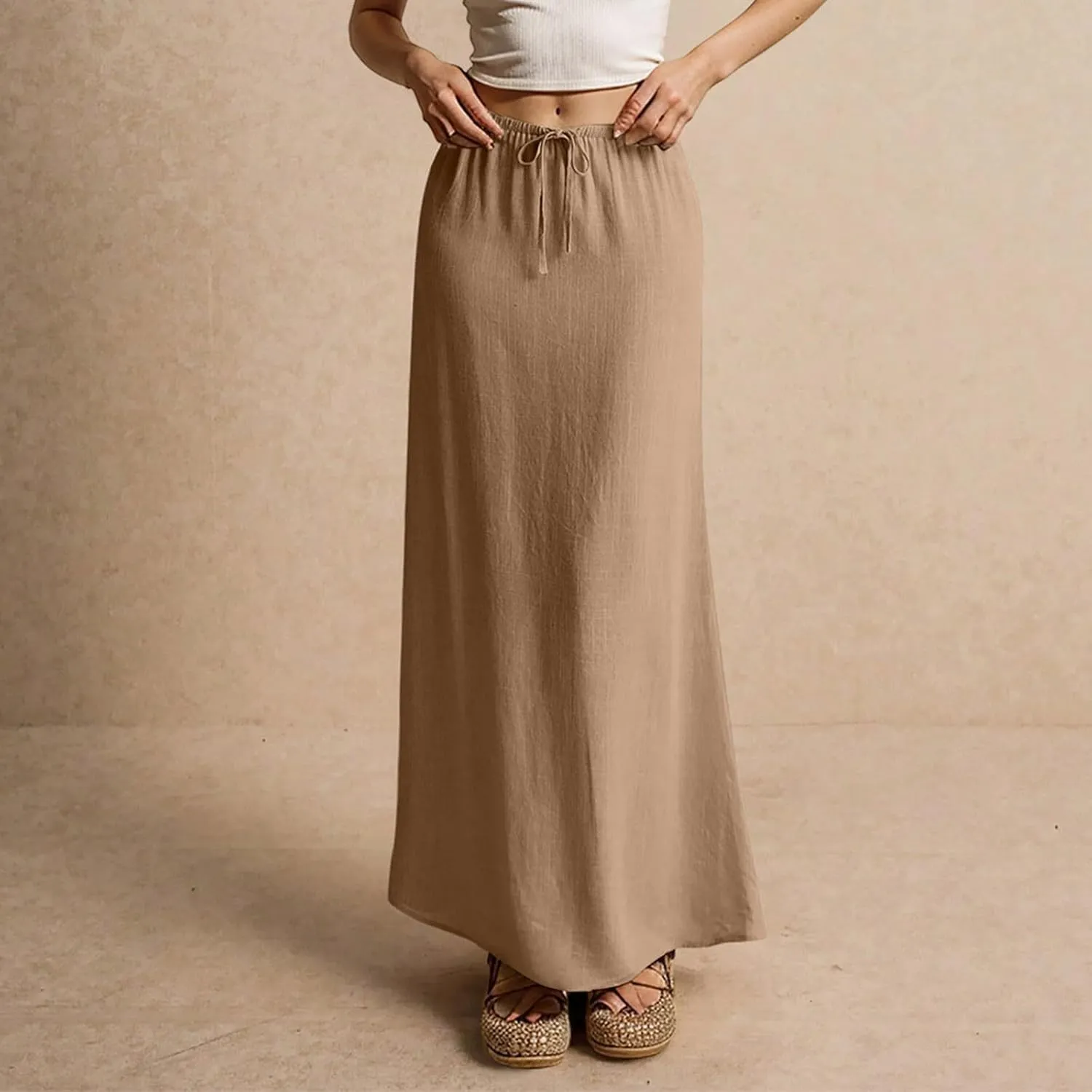 Linen Maxi Skirts for Women Summer 2025 Vacation Boho Skirt Comfy Drawstring Low Waist A Line Skirt Long Cover Ups