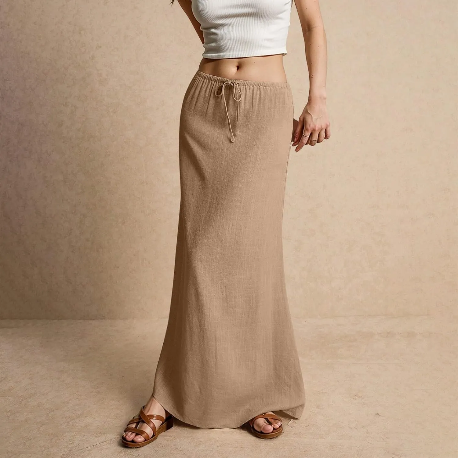 Linen Maxi Skirts for Women Summer 2025 Vacation Boho Skirt Comfy Drawstring Low Waist A Line Skirt Long Cover Ups