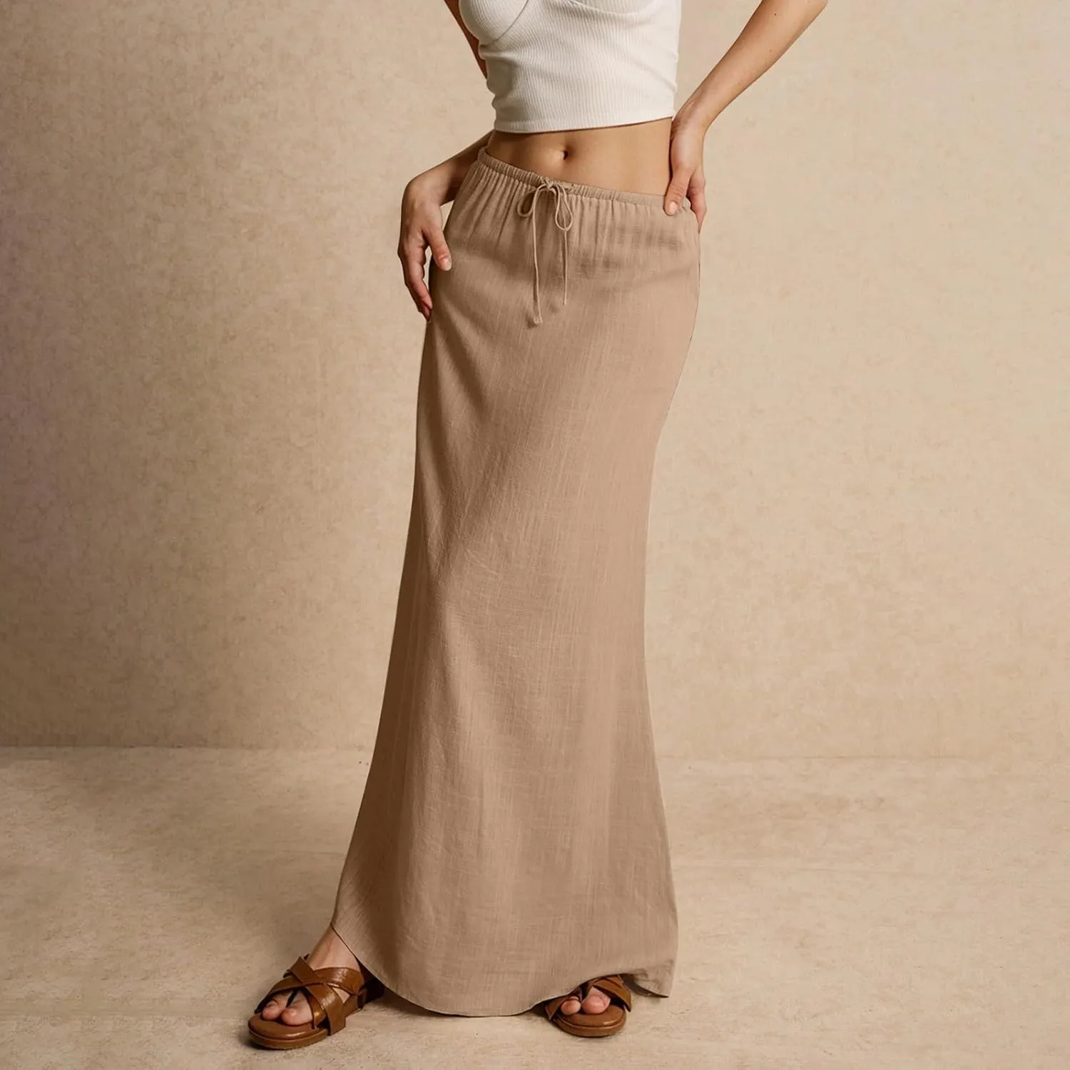 Linen Maxi Skirts for Women Summer 2025 Vacation Boho Skirt Comfy Drawstring Low Waist A Line Skirt Long Cover Ups